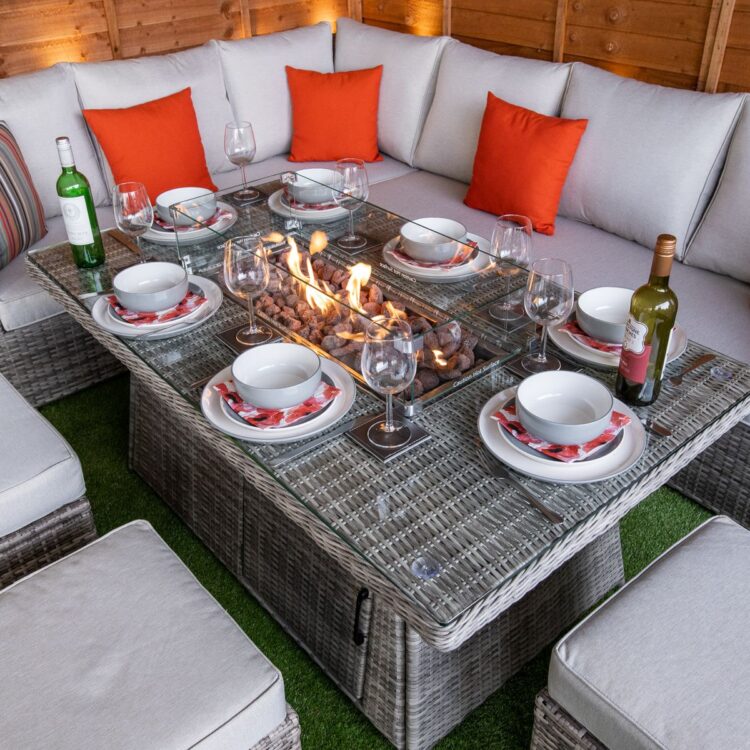 Champagne Hampton rattan Corner Dining Set with Fire Pit-12031