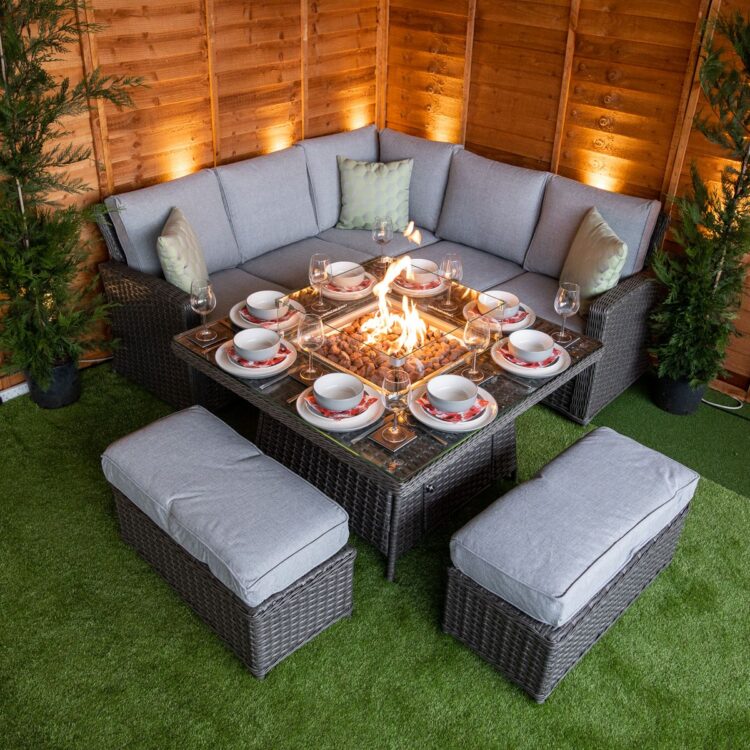 Platinum Boston Corner Rattan Dining Set with Fire Pit-0