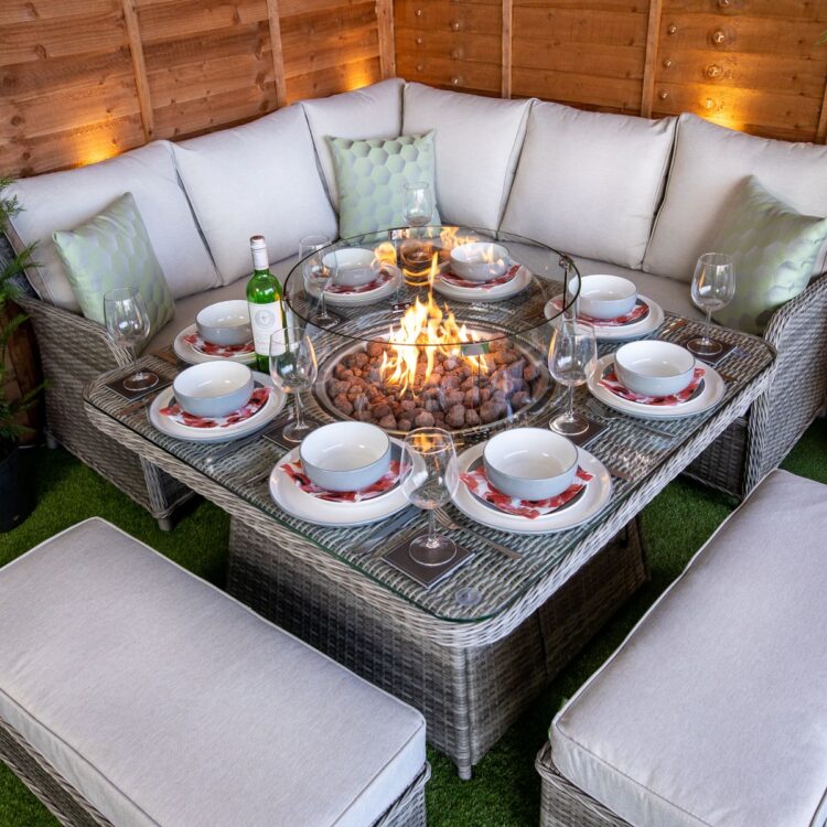 Champagne Miami Corner rattan Dining Set with Fire Pit-12109