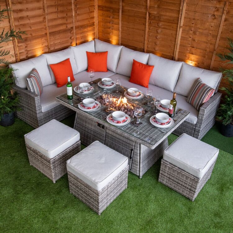 Champagne Hampton rattan Corner Dining Set with Fire Pit-0