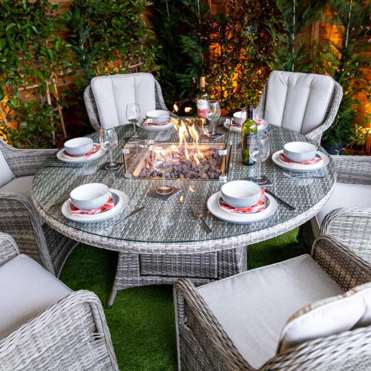 Champagne Vienna Round 6 Seat rattan Fire Pit Set-11394