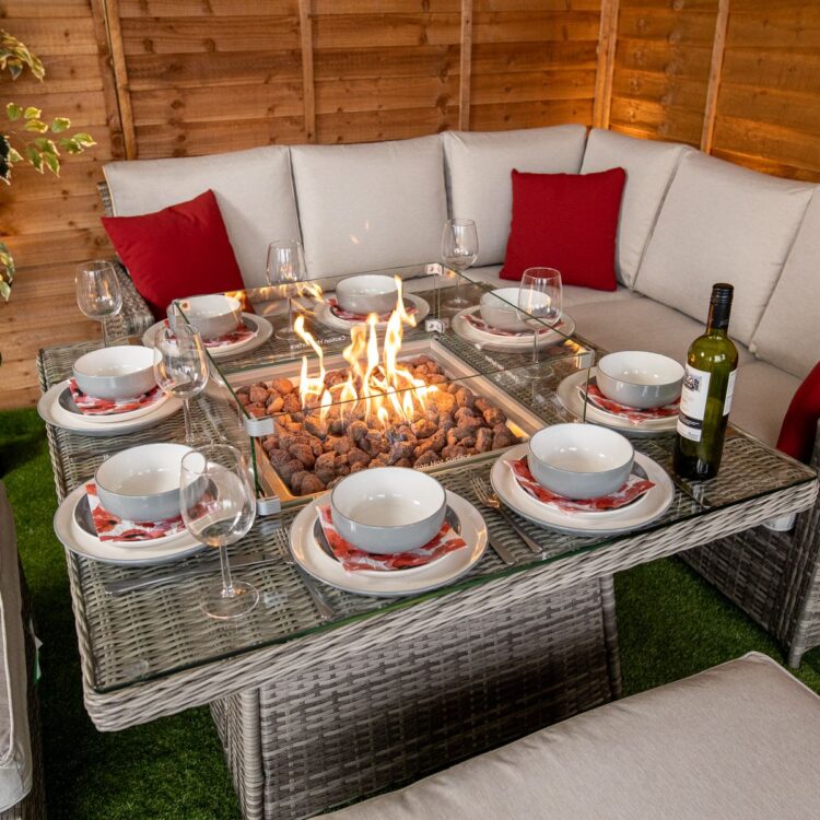 Champagne Boston Corner Rattan Dining Set with Fire Pit-13244