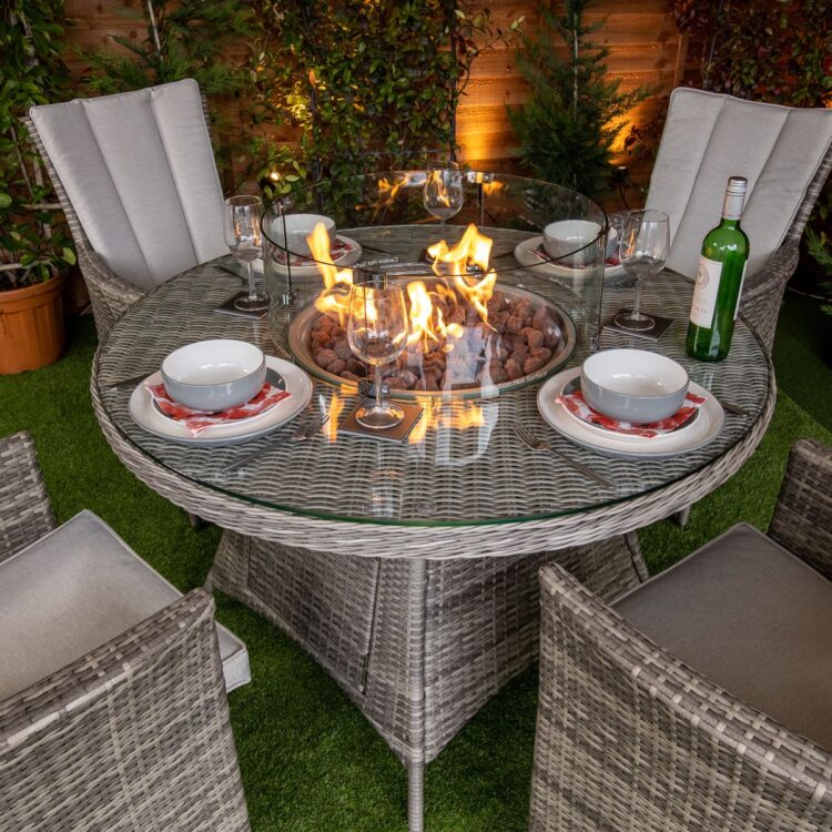 Champagne Atlanta Round 4 Seat rattan Fire Pit Set-11823