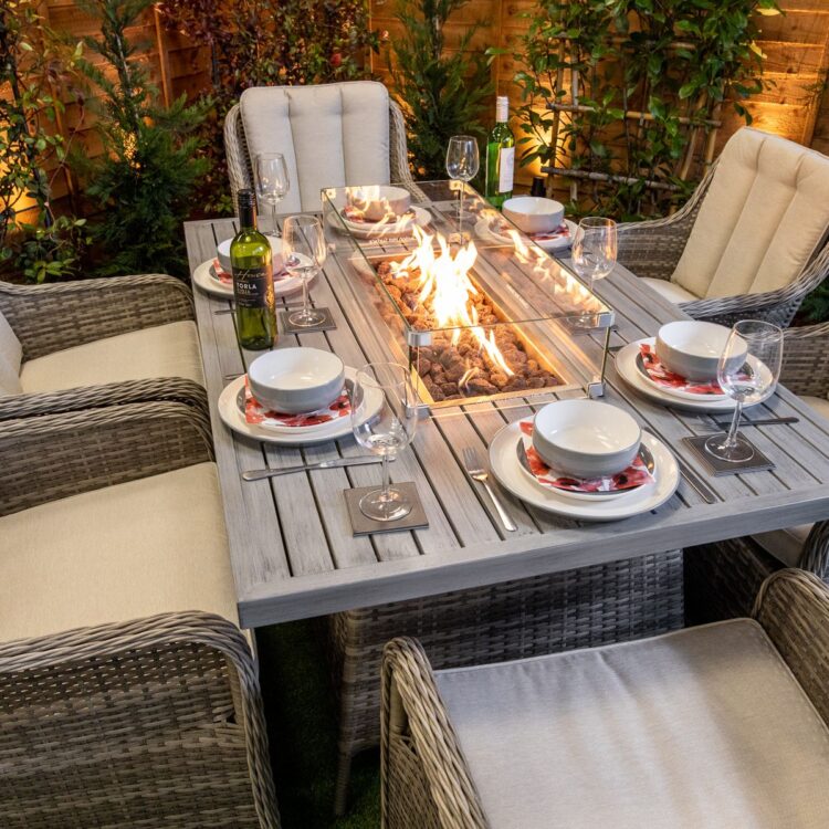 Champagne Vienna Rectangular 6 Seat Aluminium rattan Fire Pit Set-13757