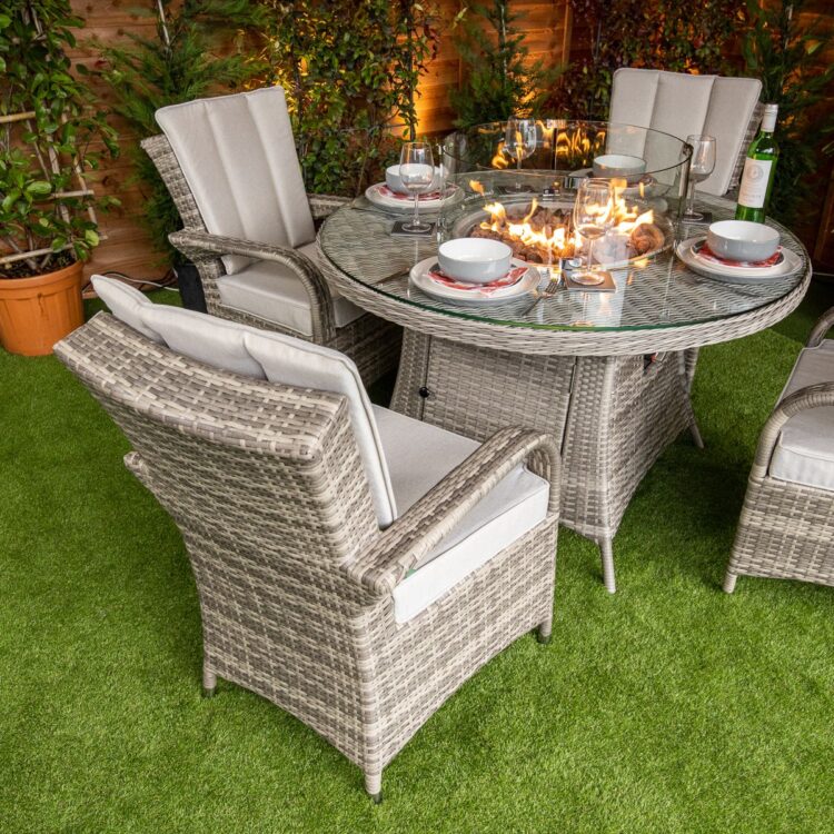 Champagne Tokyo Round 4 Seat rattan Fire Pit Set-13684