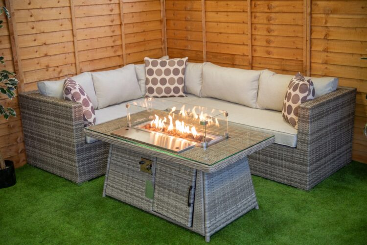 Champagne Victoria rattan Corner Set With Fire Pit Coffee Table-0