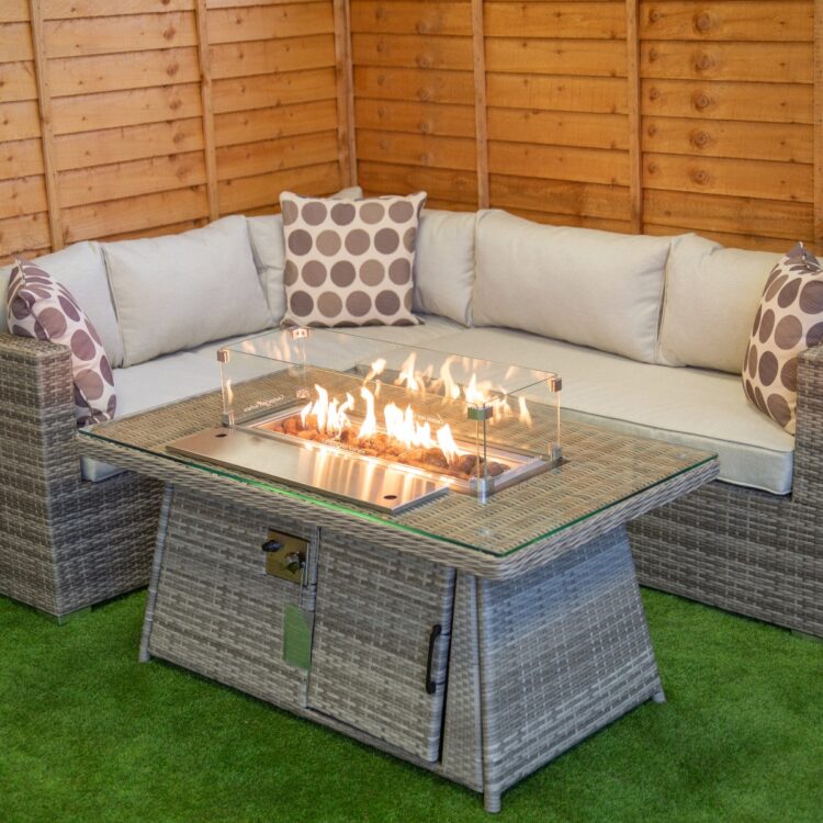 Champagne Victoria rattan Corner Set With Fire Pit Coffee Table-0