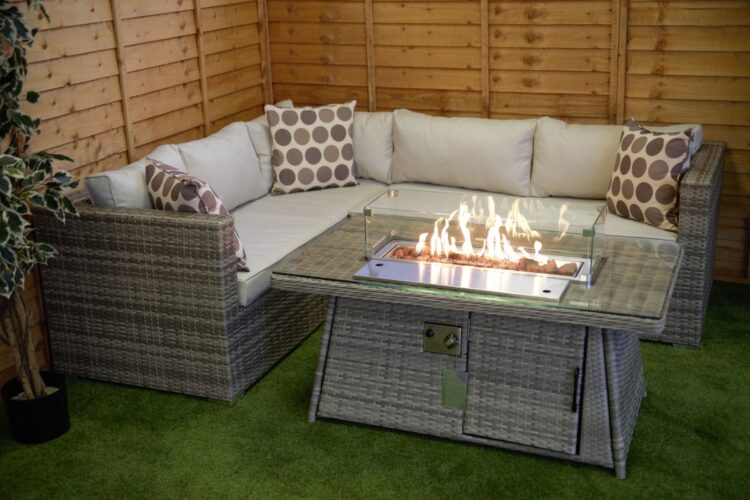 Champagne Victoria rattan Corner Set With Fire Pit Coffee Table-15845