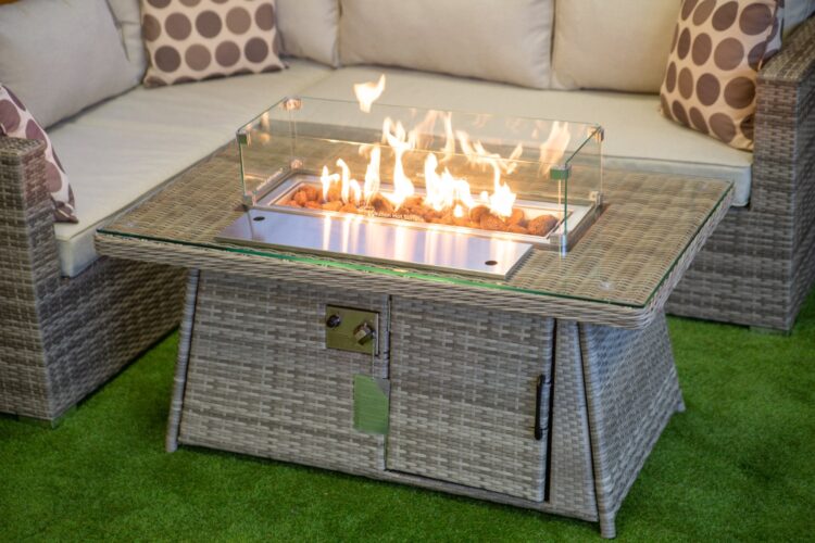 Champagne Victoria rattan Corner Set With Fire Pit Coffee Table-15848