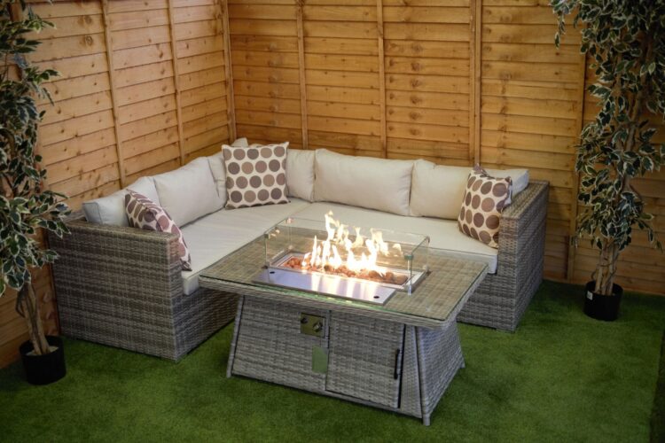 Champagne Victoria rattan Corner Set With Fire Pit Coffee Table-15849