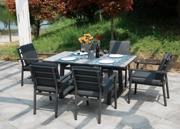 Deluxe Aluminium 6 Seat Dining Set with Patterned Table Top-0