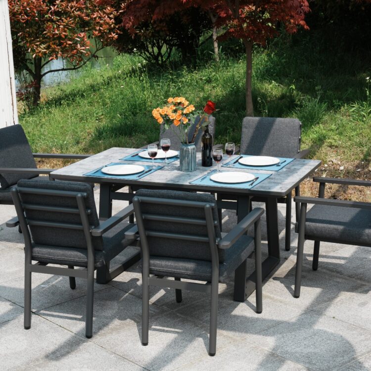 Deluxe Aluminium 6 Seat Dining Set with Patterned Table Top-0