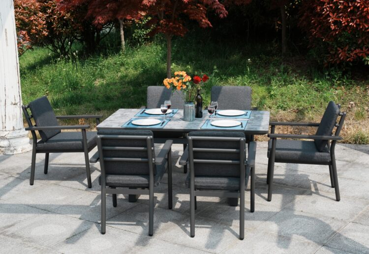 Deluxe Aluminium 6 Seat Dining Set with Patterned Table Top-16533